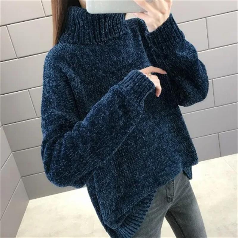 Herbst Winter Rollkragenpullover Damen Locker Elastisch Dick Gestrickte Pullover Uni Damen Warmes Basic-Shirt M navy blau von Joom DACH