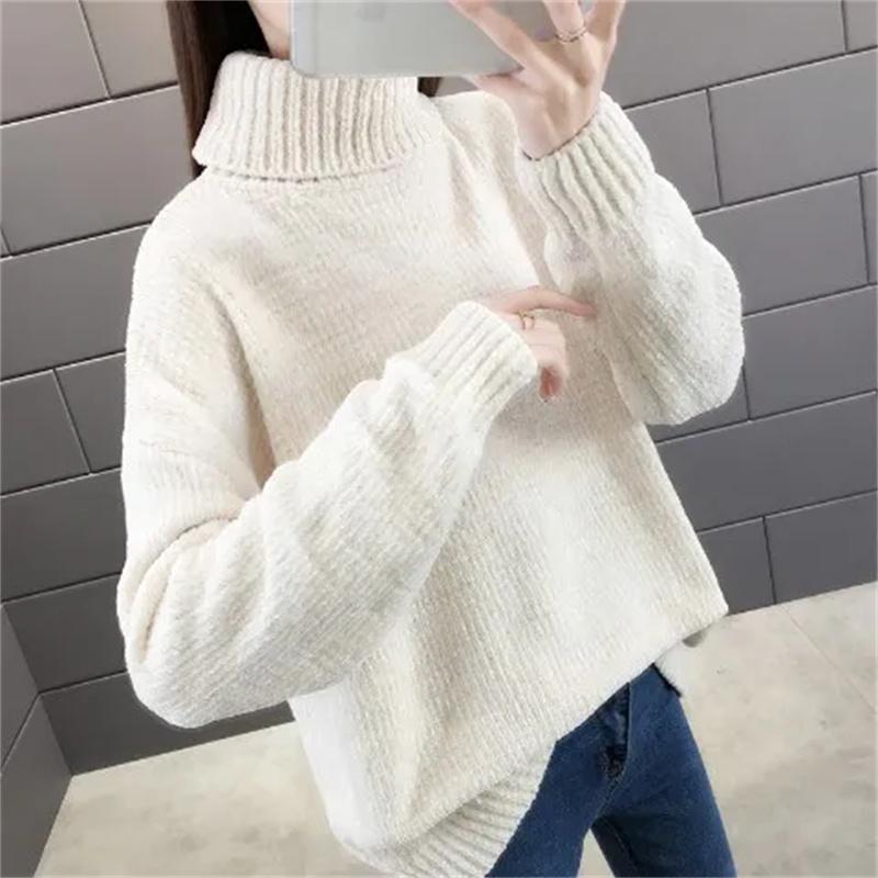 Herbst Winter Rollkragenpullover Damen Locker Elastisch Dick Gestrickte Pullover Uni Damen Warmes Basic-Shirt S weiß von Joom DACH