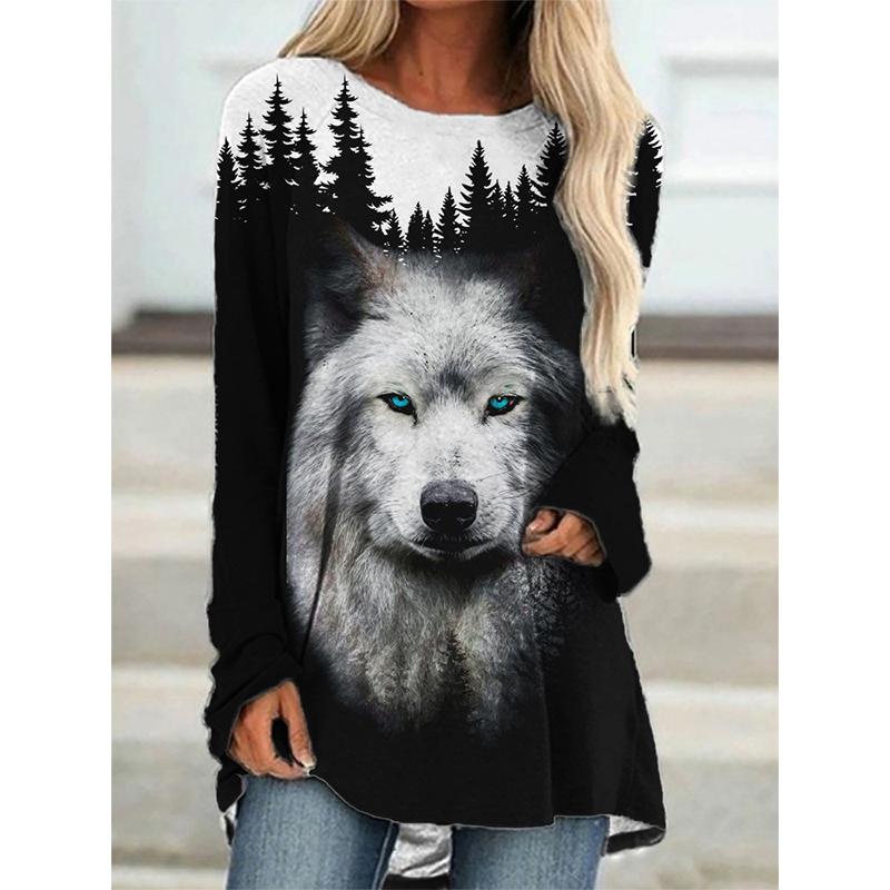 Azteken-T-Shirt im ethnischen Stil mit Wolf-Motiv, Geometrie, 3D-Druck, langärmelig, übergroß, Streetwear, Damen-Tunika, Tees, Tops, Kleidung XS von Joom DACH