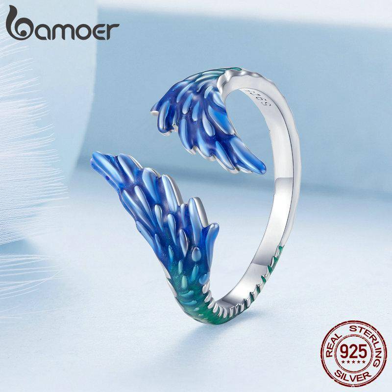 BAMOER 925 Sterling Silber Blaue Emaille Feder Öffnungsring Schutzflügel Verstellbarer Ring für Frauen Edlen Schmuck 925 silver von Joom DACH