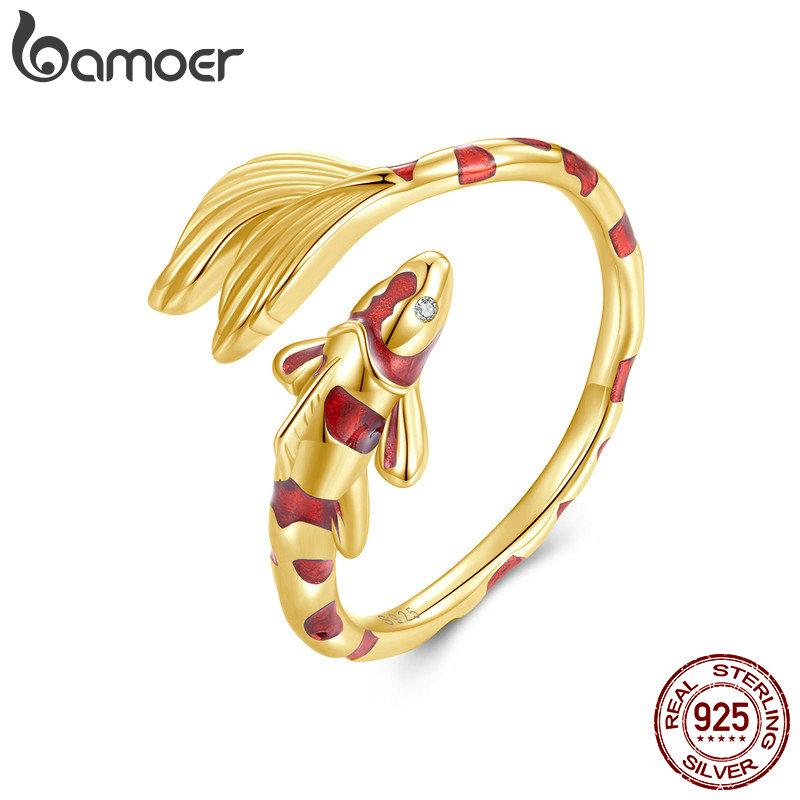 BAMOER 925 Sterling Silber Roter Koi Öffnungsring Glücksfisch Verstellbarer Ring für Frauen Geburtstagsgeschenk Feiner Schmuck BSR474-EB gold von Joom DACH