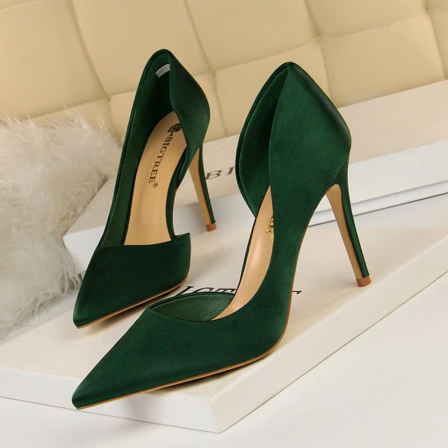 BIGTREE Damen High Heel Satin Shallow Mouth Edge Hollow High Heel Schuhe 39 grün von Joom DACH