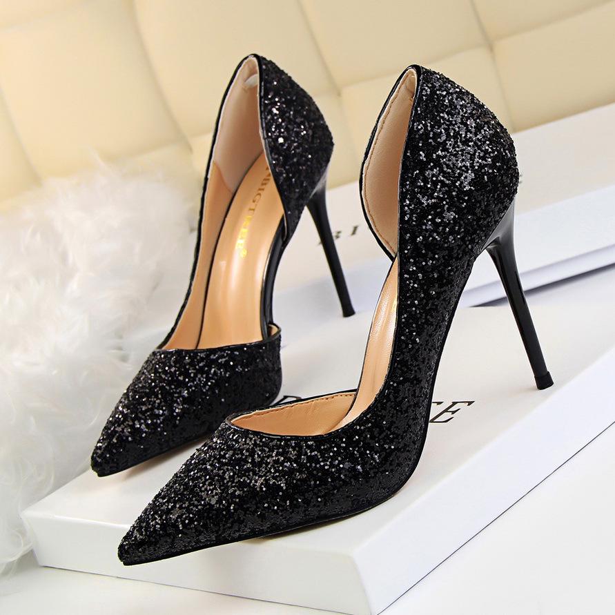 BIGTREE Damen-Schuhe mit dünnem Absatz, 9,5 cm, hoher Absatz, flacher Mund, spitzer seitlicher Ausschnitt, Pailletten-High-Heel-Schuhe 37 schwarz von Joom DACH