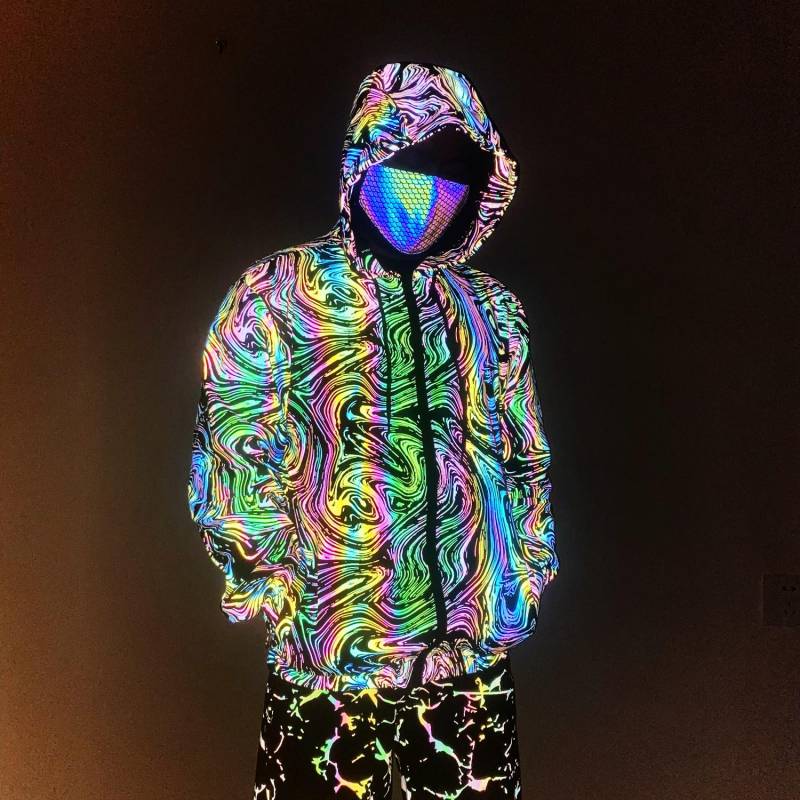 BRUST 2023 Männer Kleidung Radium Reflektierende Mantel Muster Total Reflektierende Jacke Leichte Hoodie Jacke Hip Hoodie Windjacke Jacke Mit Kapuze straße Jacke L schwarz von Joom DACH