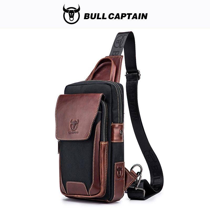 BULLCAPTAIN Herren Erste Schicht Rindsleder Lässige Mode Brustgürteltasche Herrentasche Über Umhängetasche Herren Brusttasche kaffeebraun von Joom DACH