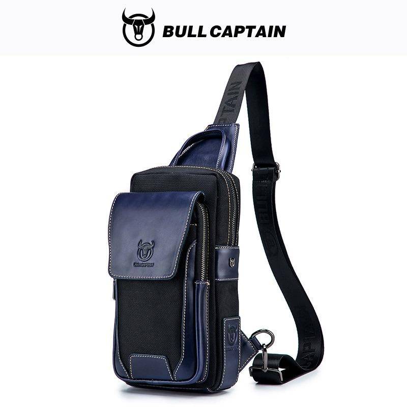 BULLCAPTAIN Herren Erste Schicht Rindsleder Lässige Mode Brustgürteltasche Herrentasche Über Umhängetasche Herren Brusttasche schwarz von Joom DACH