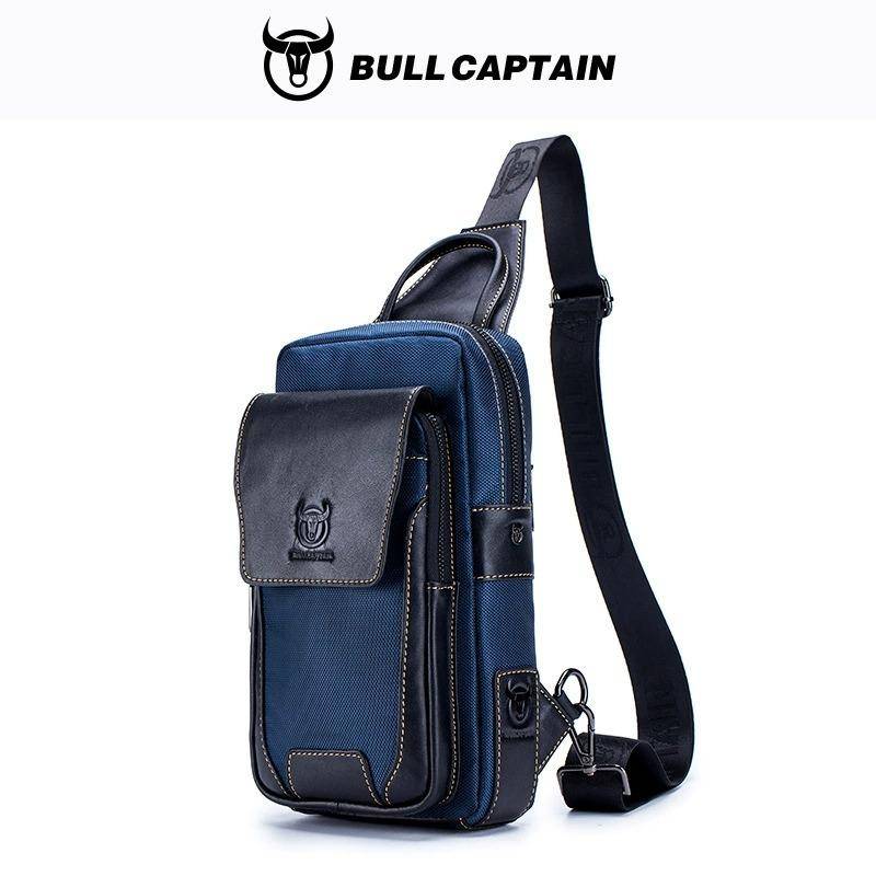 BULLCAPTAIN Herren Erste Schicht Rindsleder Lässige Mode Brustgürteltasche Herrentasche Über Umhängetasche Herren Brusttasche blau von Joom DACH