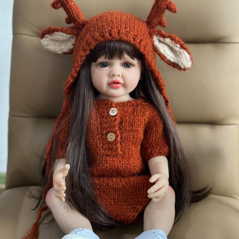 BZDOLL 55 CM 22 Zoll Reborn Baby Mädchen Full Silikon Körper Puppe Spielzeug Braun Langhaar Realistische Prinzessin Kleinkind Bebe same as picture von Joom DACH