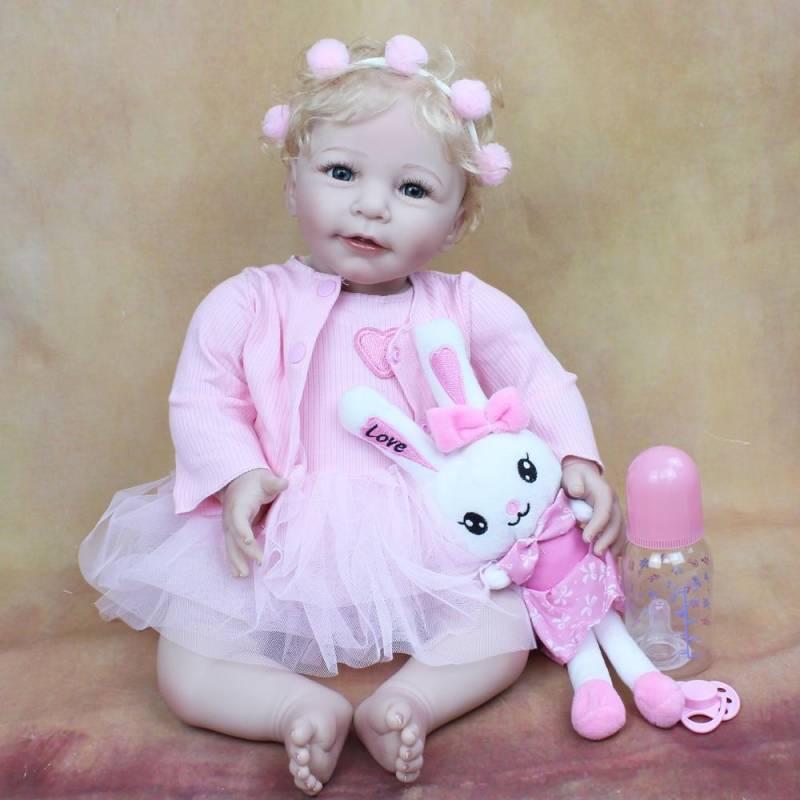 BZDOLL 55 cm weiches Silikon wiedergeborenes Baby Lisa Mädchenpuppe Spielzeug lebensechter Stoffkörper realistisch 22 Zoll blondes Haar Prinzessin rosa Kleid Bebe 55cm Doll von Joom DACH