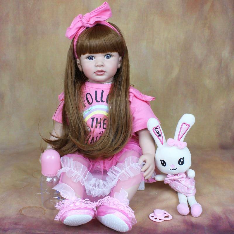 BZDOLL 60 cm weiche Silikon Baby Reborn Puppe für Mädchen mit Stoffkörper lebensechte 24 Zoll Prinzessin Kleinkind langes Haar Bebe schönes Kindergeburtstagsgeschenk Brown eyes, 60cm doll braun von Joom DACH