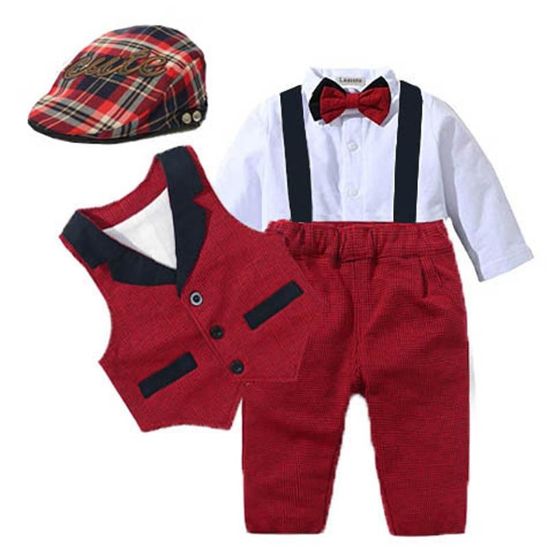 Baby Anzüge Junge Kleidung Weste Strampler Hut Formelle Kleidung Outfit Party Fliege Kinder Geburtstag Kleid 73CM rot von Joom DACH
