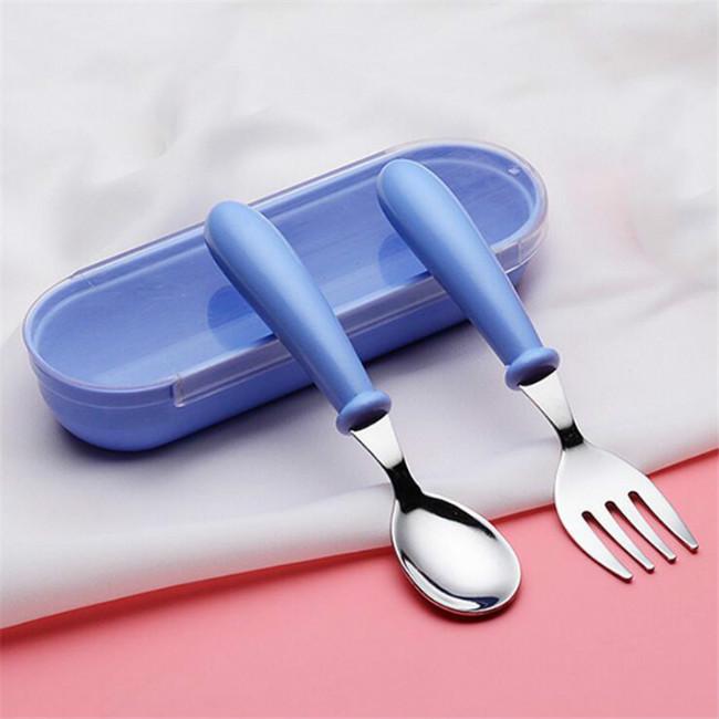 Baby Geschirr Set Kinder Utensilien Kleinkind Geschirr Besteck Säuglingsnahrung Füttern Kinder Löffel Gabel blau von Joom DACH