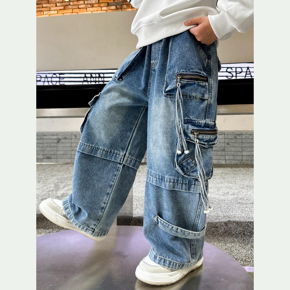 Baby Kinder Denim Hosen Frühling Herbst Modische Cargo Jeans Junge Koreanischen Stil Casual Gut Aussehend Volle Länge Tasche Hosen 160cm blau von Joom DACH