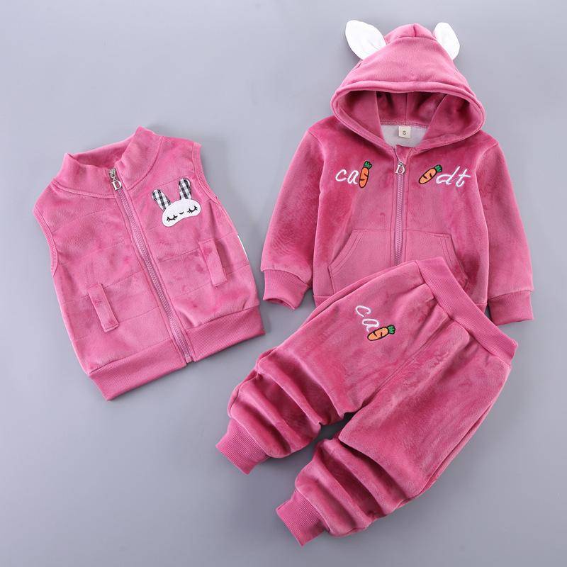 Baby Kleidung Jungen Plus Samt Langarm Pullover Mädchen Warme Kapuzen Weste Baumwolle Drei-stück Cartoon Bär Anzug 110 von Joom DACH
