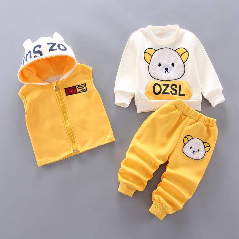 Baby Kleidung Jungen Plus Samt Langarm Pullover Mädchen Warme Kapuzen Weste Baumwolle Drei-stück Cartoon Bär Anzug 90 von Joom DACH