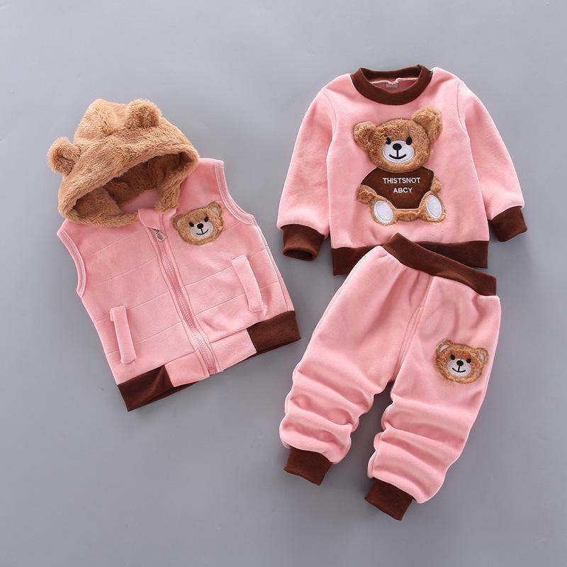 Baby Kleidung Jungen Plus Samt Langarm Pullover Mädchen Warme Kapuzen Weste Baumwolle Drei-stück Cartoon Bär Anzug 90 von Joom DACH