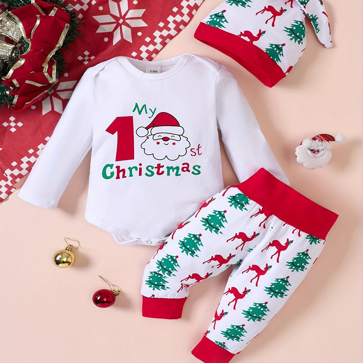 Baby Langarm Body Rentier & Baum Druck Hose mit Hut Outfit Set für Weihnachten 6-9M von Joom DACH