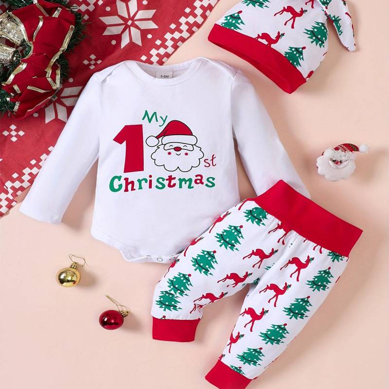 Baby Langarm Body Rentier & Baum Druck Hose mit Hut Outfit Set für Weihnachten 6-9M von Joom DACH