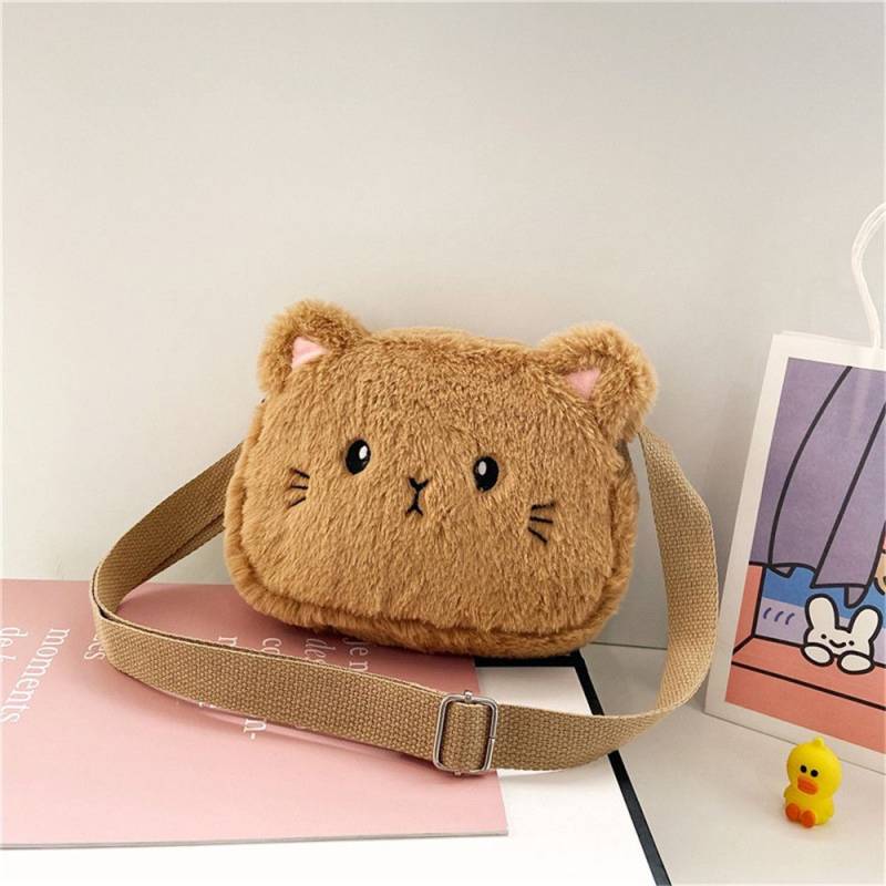 Baby Mädchen Handtaschen Geldbörse Niedliche Messenger Kleine Taschen Umhängetasche Weiche Plüsch Tasche Cartoon Katze kamelfarben von Joom DACH