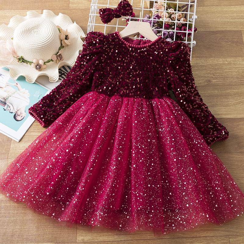Baby Mädchen Langarm Kleider Pailletten Druck Prinzessin Kleid Kinder Geburtstag Party Kleidung Neujahr Kleid für Mädchen 140 rot von Joom DACH
