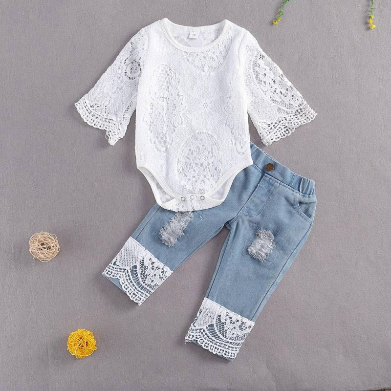 Baby Mädchen Sommer Kleidung Set Spitze Aushöhlen Lange Hülsenspielanzug + Zerrissene Patchwork Jeans Infant Nette 2Pcs Outfits 6-12 Months blau von Joom DACH