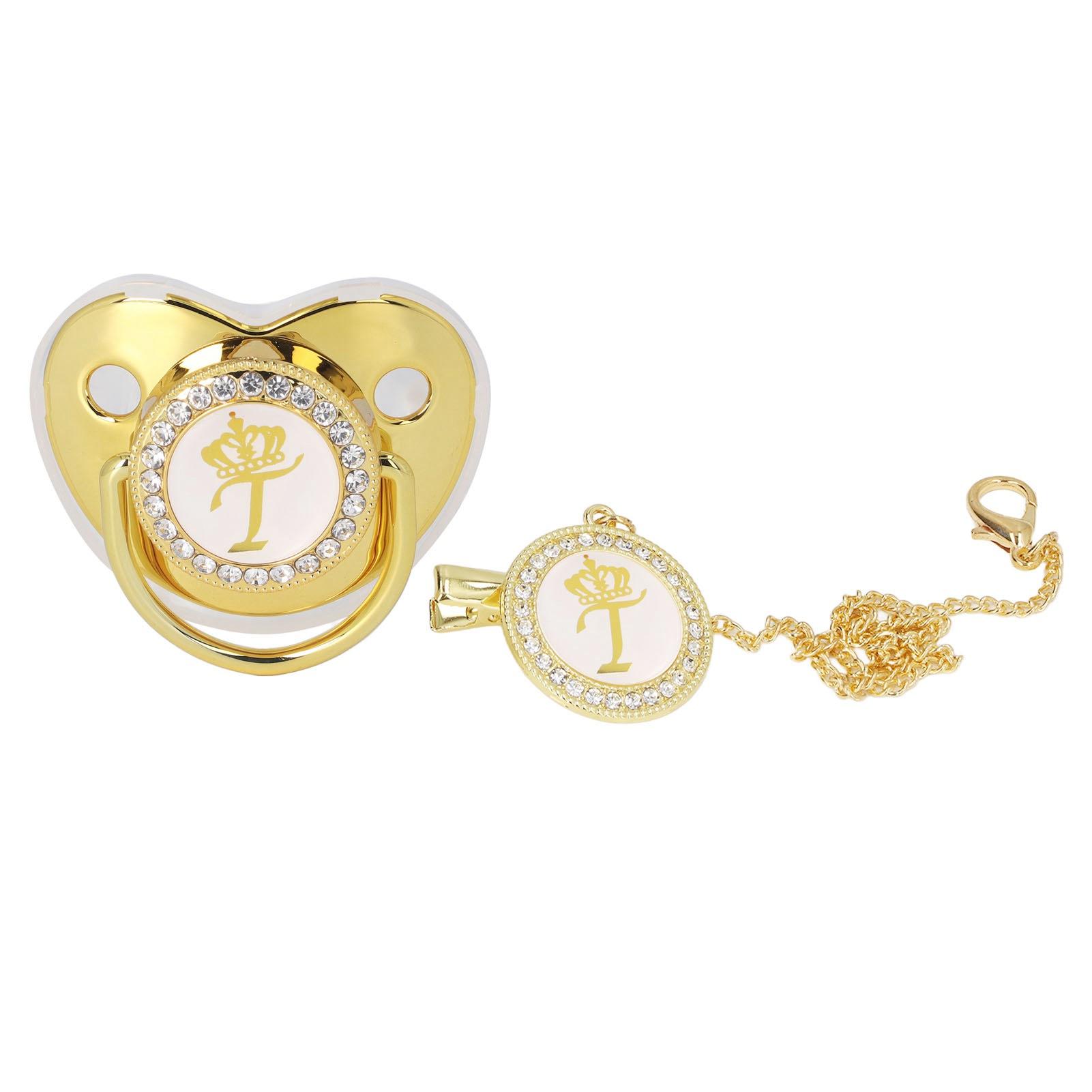 Baby Schnuller Infant Tragbare Exquisite Goldene Krone Brief Strass Schnuller mit Kette Clip von Joom DACH