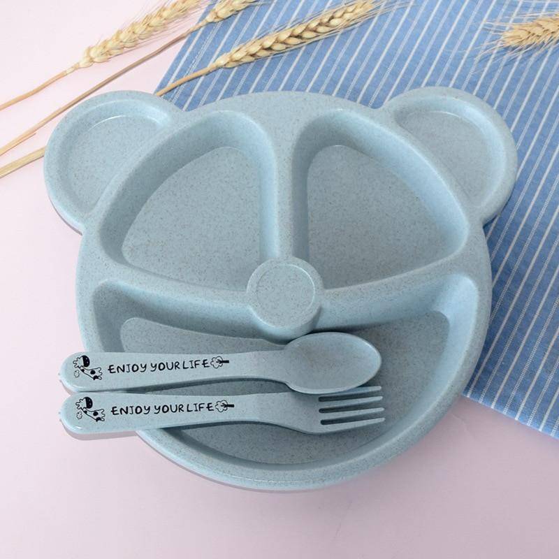 Baby Schüssel + Löffel + Gabel Füttern Lebensmittel Geschirr Set Cartoon Bär Kinder Gerichte Essen Geschirr Anti-heiße Weizen stroh Ausbildung Platte blau von Joom DACH
