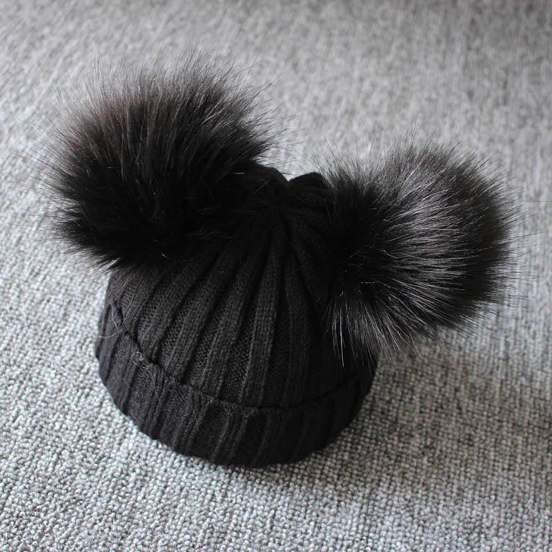 Baby Winter Strickmütze Doppel Pompom Baby Mädchen Junge Mütze Solide Warme Niedliche Pelzige Ball Beanie Caps schwarz von Joom DACH