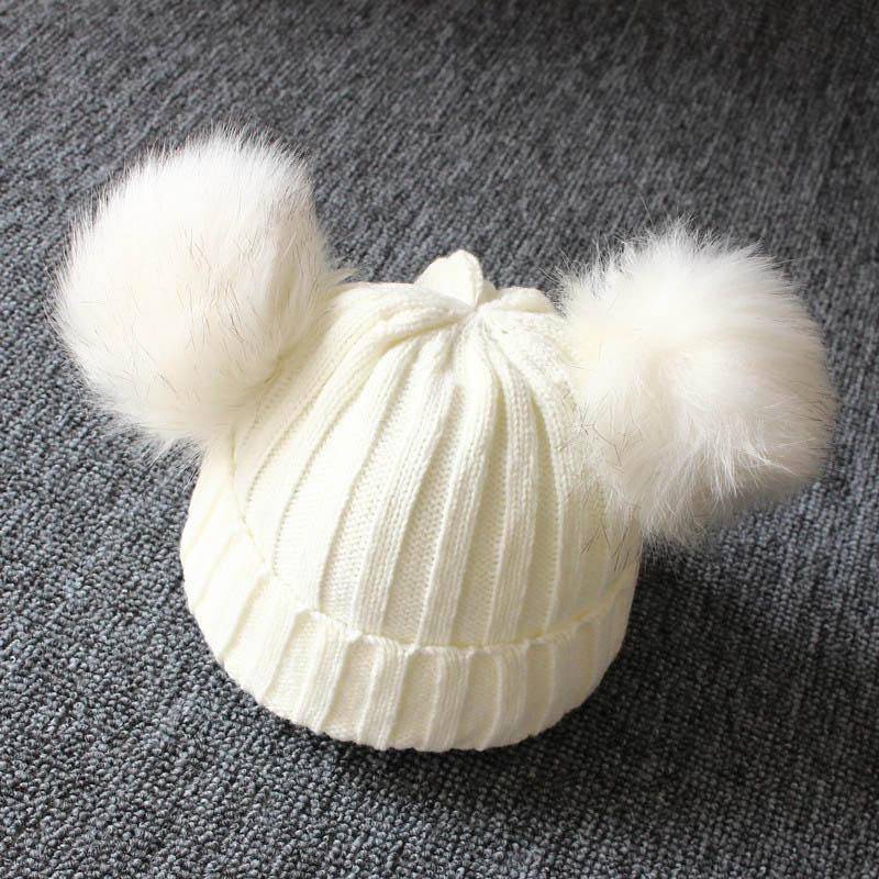 Baby Winter Strickmütze Doppel Pompom Baby Mädchen Junge Mütze Solide Warme Niedliche Pelzige Ball Beanie Caps weiß von Joom DACH