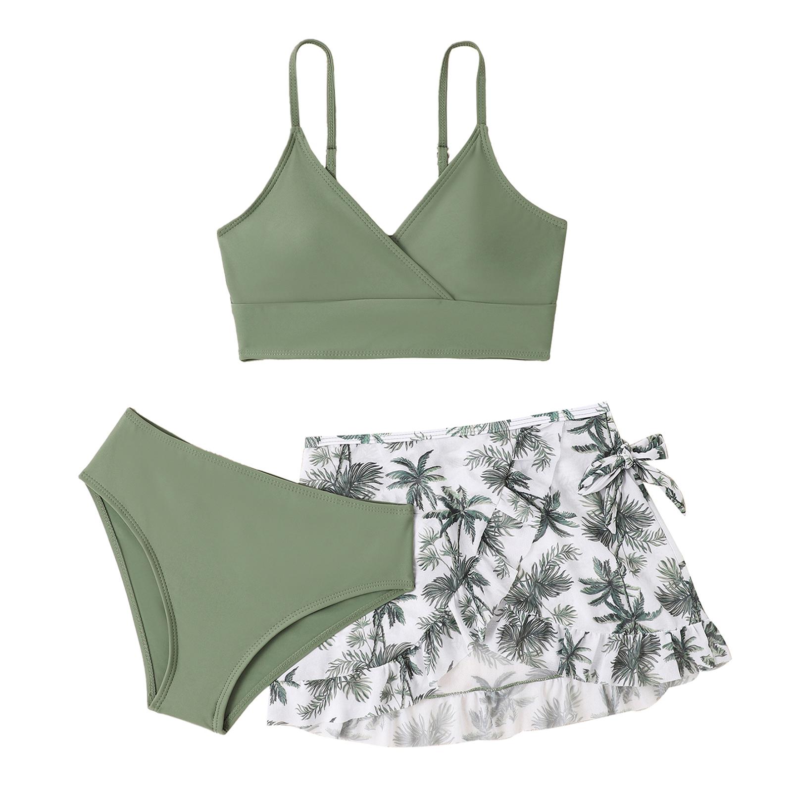 Badeanzüge für Mädchen, 3-teilig, gepolsterter Bikini-Badeanzug mit Überwurfrock, Blumendruck, Strand-/Surf-Tankini, Bademode 13-14 Years grün von Joom DACH