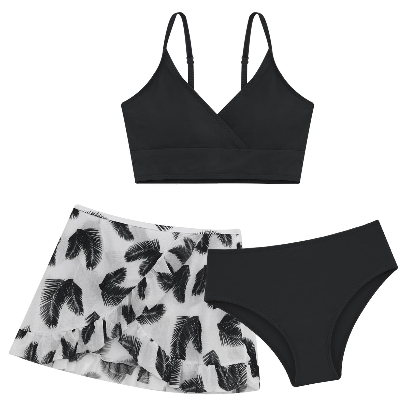 Badeanzüge für Mädchen, 3-teilig, gepolsterter Bikini-Badeanzug mit Überwurfrock, Blumendruck, Strand-/Surf-Tankini, Bademode 13-14 Years schwarz von Joom DACH