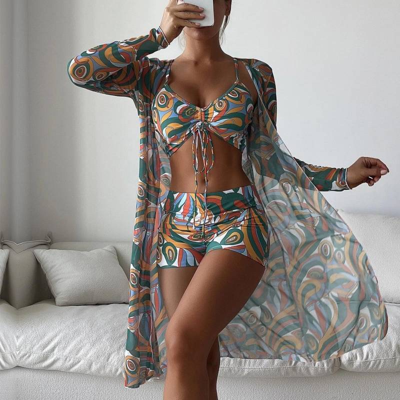 Badeanzug Damen Split Dreiteiliges Set Hohe Taille Langarm Ins Overshirt Kordelzug Bedruckte Bikinianzüge XL von Joom DACH