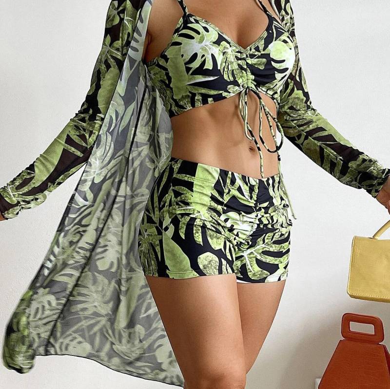 Badeanzug Damen Split Dreiteiliges Set Hohe Taille Langarm Ins Overshirt Kordelzug Bedruckte Bikinianzüge XL von Joom DACH