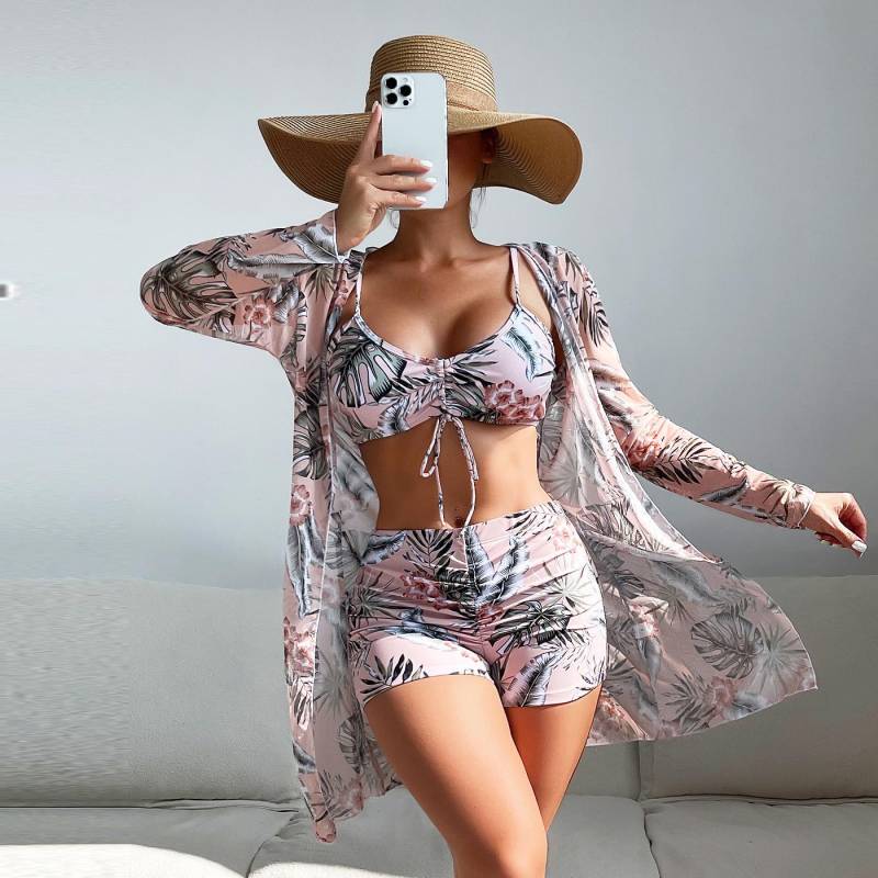 Badeanzug Damen Split Dreiteiliges Set Hohe Taille Langarm Ins Overshirt Kordelzug Bedruckte Bikinianzüge XL von Joom DACH