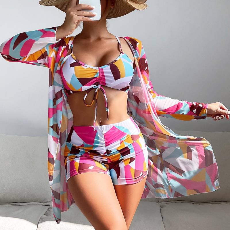 Badeanzug Damen Split Dreiteiliges Set Hohe Taille Langarm Ins Overshirt Kordelzug Bedruckte Bikinianzüge XL von Joom DACH