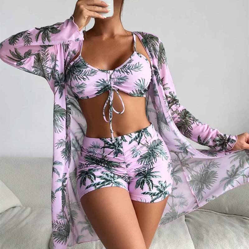 Badeanzug Damen Split Dreiteiliges Set Hohe Taille Langarm Ins Overshirt Kordelzug Bedruckte Bikinianzüge XL von Joom DACH