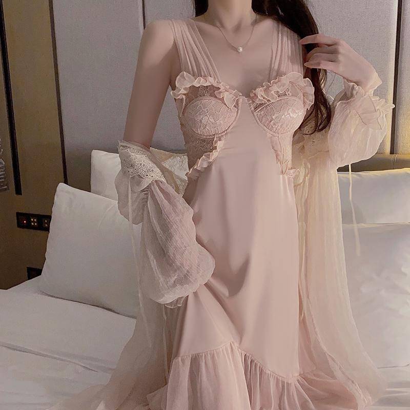 Bademantel-Set für Damen, Herbst- und Winter-Pyjama, langes Spitzensatinkleid mit Brustpolster, einfarbig, V-Ausschnitt, Homewear L von Joom DACH