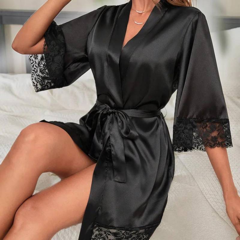 Bademantel für Damen, Brautbademantel, Brautjungfern-Geschenk, Morgenmantel, mittellange Ärmel, langer Spitzen-Schlafanzug zum Binden, Morgenmantel, Lounge S schwarz von Joom DACH