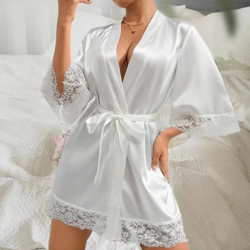 Bademantel für Damen, Brautbademantel, Brautjungfern-Geschenk, Morgenmantel, mittellange Ärmel, langer Spitzen-Schlafanzug zum Binden, Morgenmantel, Lounge S weiß von Joom DACH