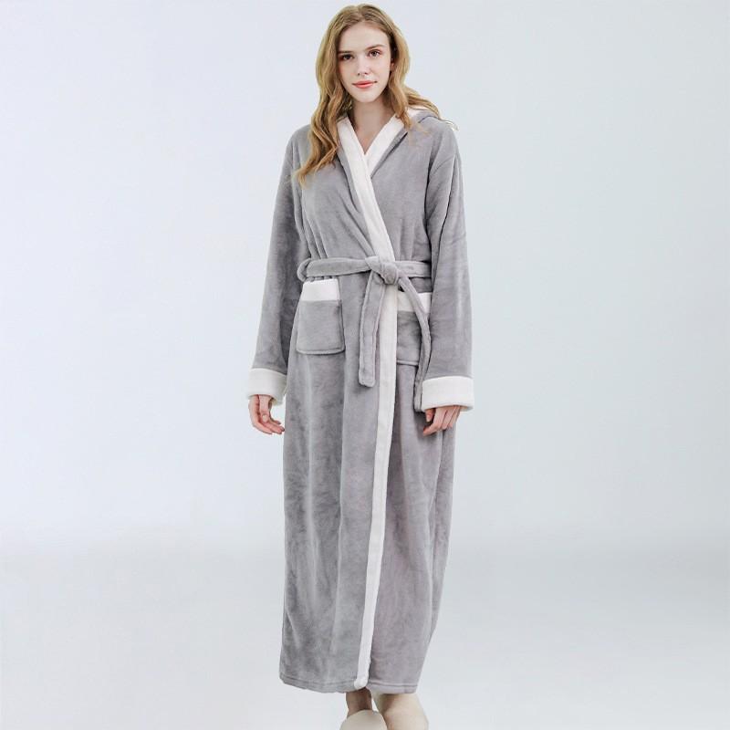 Bademantel mit Kapuze für Damen, warmer Flanell-Kimono, Intim-Dessous, Herbst/Winter, warme Heimkleidung, Duschmäntel, Loungewear L grau von Joom DACH