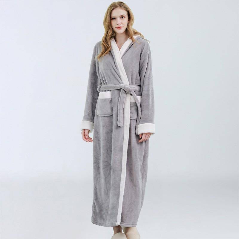 Bademantel mit Kapuze für Damen, warmer Flanell-Kimono, Intim-Dessous, Herbst/Winter, warme Heimkleidung, Duschmäntel, Loungewear L grau von Joom DACH