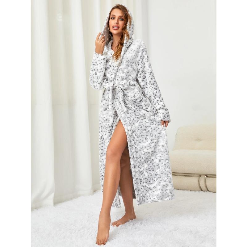 Bademantel mit Kapuze und Leopardenmuster für Damen, Fleece-Plüsch, Thermo-Bademantel, Fleece-Pyjama, Schlafanzug M von Joom DACH
