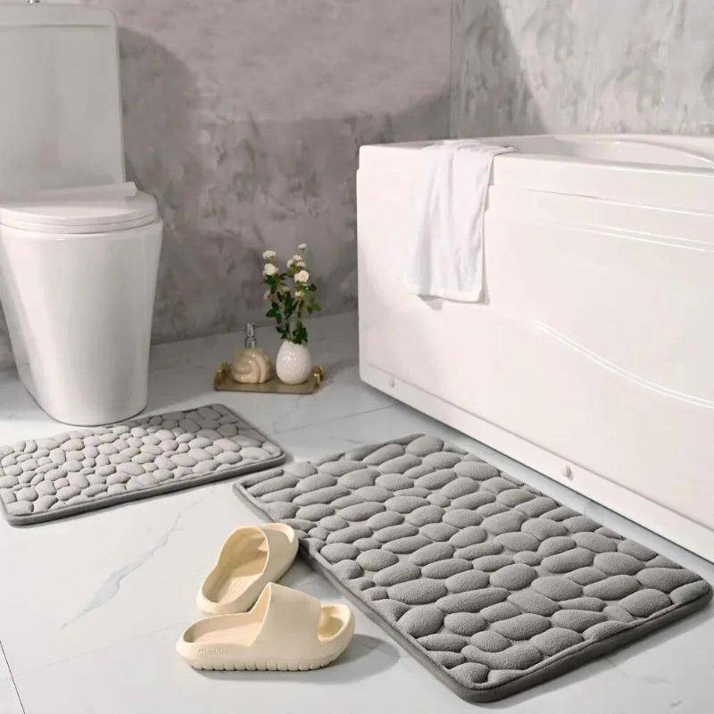 Badematte aus Memory-Schaum, bequemer Badezimmerteppich mit Kopfsteinpflaster, super wasserabsorbierender Badteppich, Badezimmermatte, weicher Teppich mit Steinprägung dunkelgrau von Joom DACH
