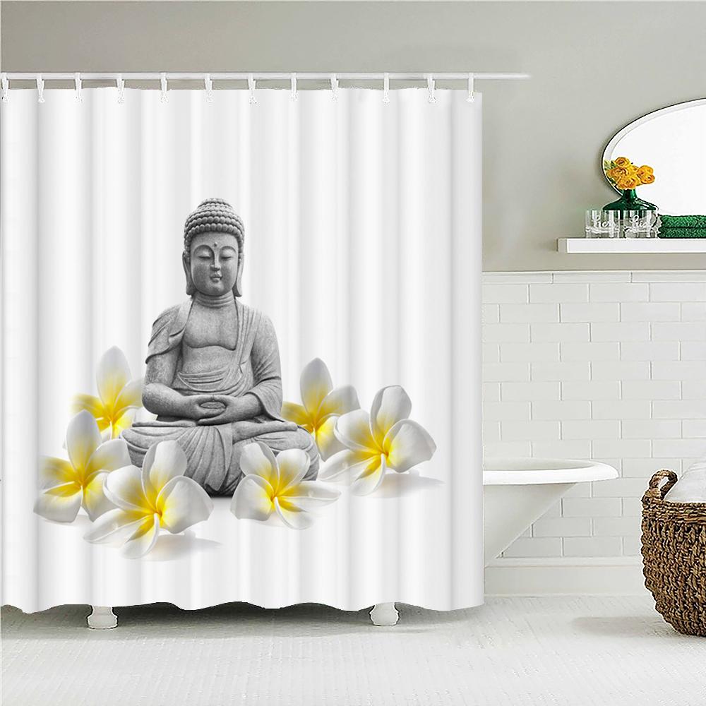 Badezimmer Duschvorhänge Buddha Statue Bambus Badewannenabtrennungen Heimdeko Wasserdichtes Polyestergewebe Mit Haken 240x180xm W90xH180cm von Joom DACH