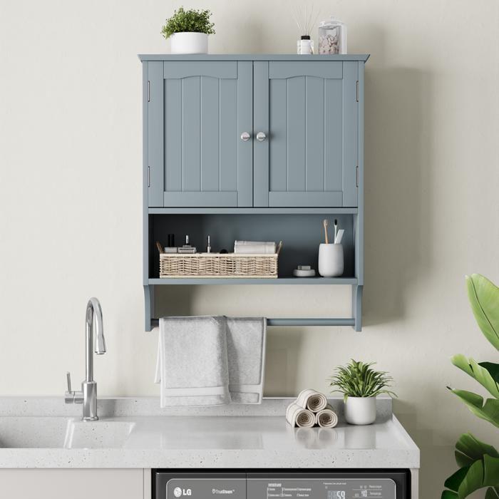 Badezimmerschrank zur Wandmontage mit Handtuchhalter, mit zwei Türen und offenen Regalen, Badezimmermedizinschrank weiß von Joom DACH