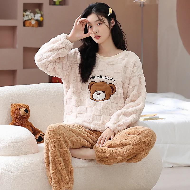 Bär Große Größe Samt Damen Pyjama Sets Winter Langarm Lange Hose Warme Nachtwäsche Mädchen Pijamas Gemütlicher Pyjama Weich Pj Bequem M von Joom DACH