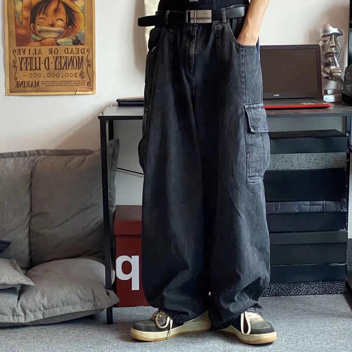 Baggy-Jeans für Männer, schwarze, weite Jeanshose, Übergröße, Cargo, koreanische Mode, männliche Kleidung, Streetwear, Hose, Jogginghose M schwarz von Joom DACH
