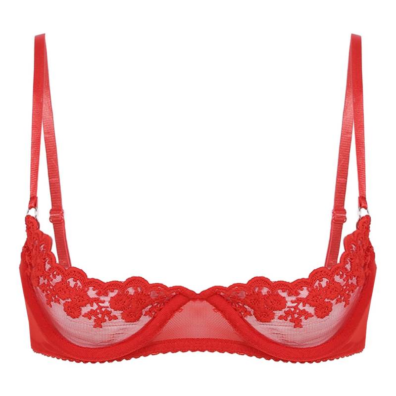 Balconette-Push-Up-BH für Damen, Spitze, Übergröße, durchsichtiger Bügel S rot von Joom DACH