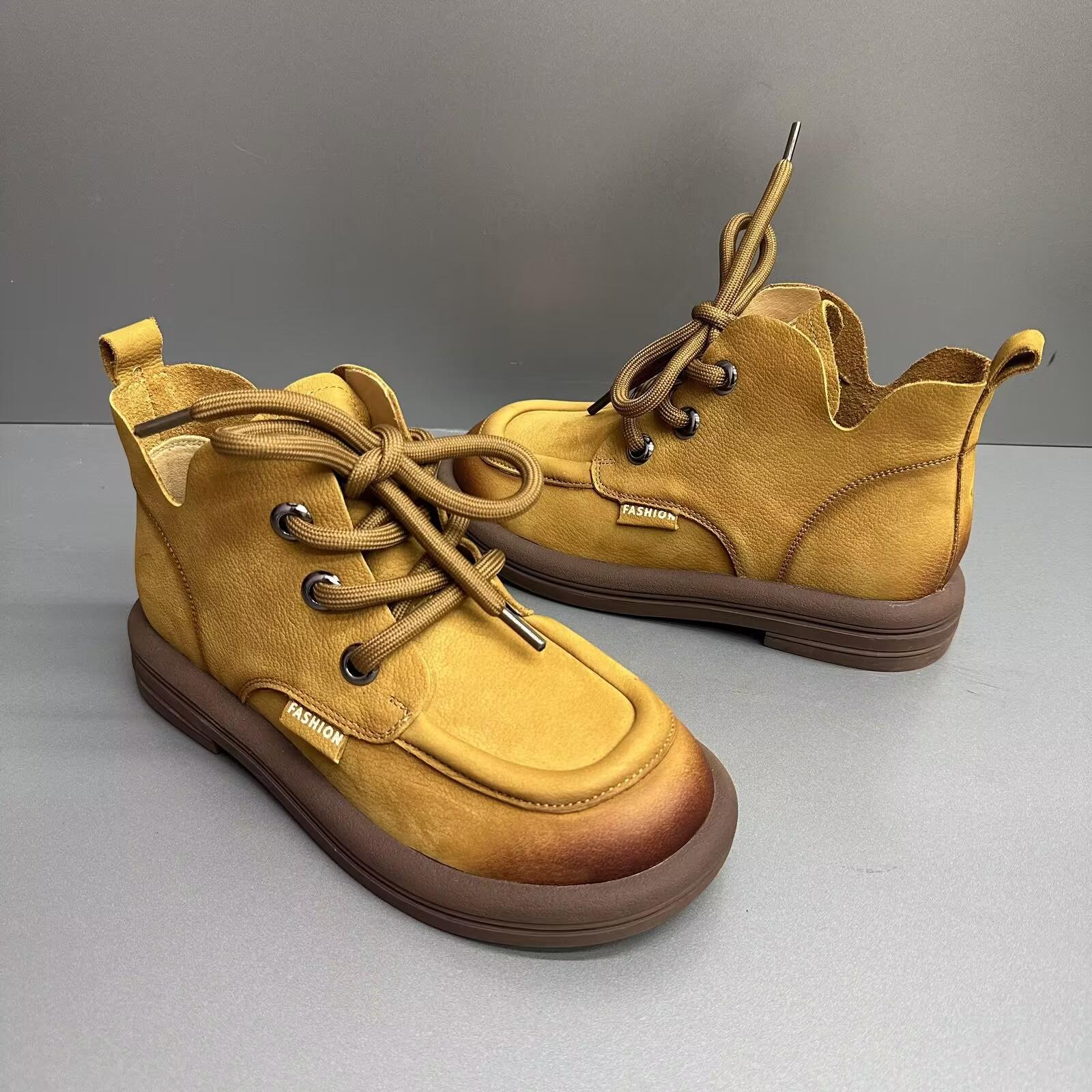 Ballerinas Damen Rund Zehenbereich Genäht Schnürung Dicke Sohle Damen Schuhe mit niedrigem Absatz Handgefertigt Große Größe 39 gelb von Joom DACH