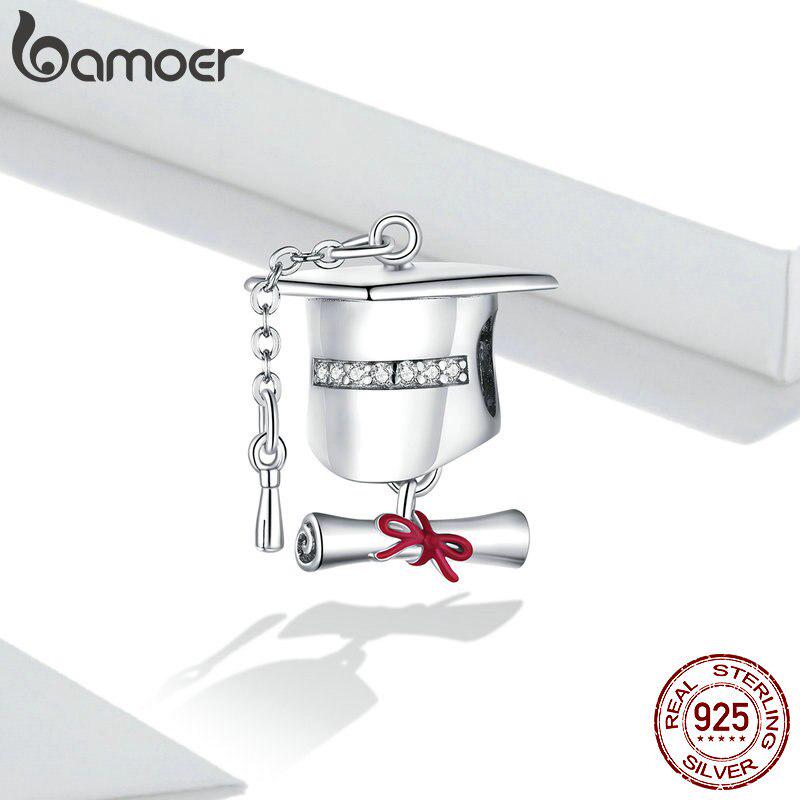 Bamoer echte 925er Sterlingsilber-Quadrat-Bachelor-Mütze mit einem Schleifen-Charm-Anhänger, passend für Original-3-mm-Armbänder, Geschenk für Studenten, Kinder und Freunde 925 silver von Joom DACH